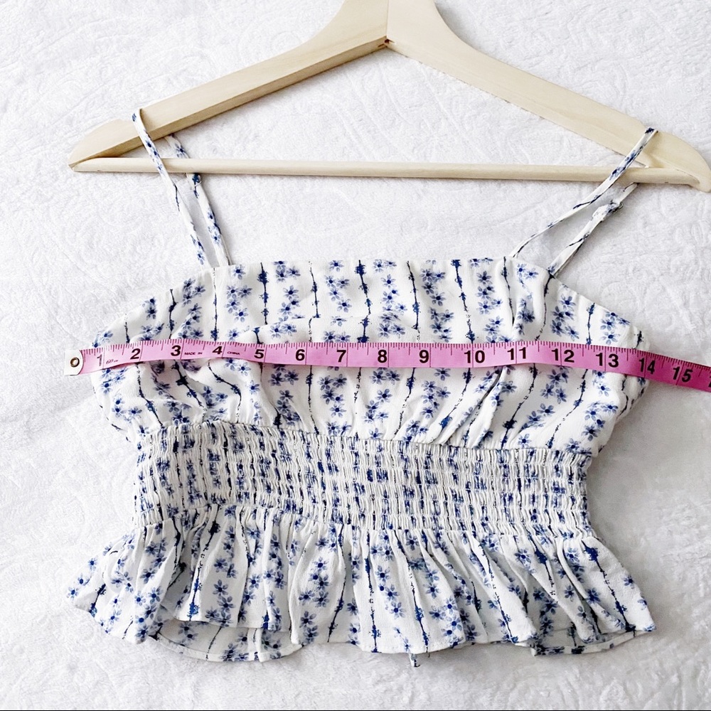 Blue + White Floral Print Smocked Waist Cropped Camisole - Picture 7 of 9